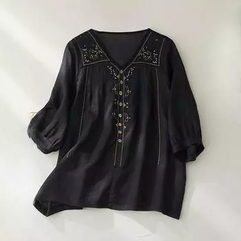 Летние тонкие блузки и рубашки с рукавом пять четвертей, женские ретро-вышитые пуловеры с V-образным вырезом и пуговицами, топы, футболки M чёрный
