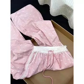 Летние тонкие брюки, белые кружевные эластичные пояса на шнурке с бантом и принтом, брюки-джоггеры, женские спортивные костюмы 2024, корейская женская одежда y2k XXXXL розовый