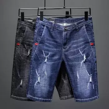 Летние тонкие брюки с пятью брюками, мужские маленькие прямые эластичные молодежные шорты с тонкими отверстиями, мужские джинсовые брюки 28