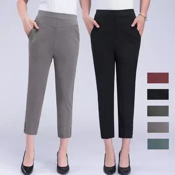 Летние тонкие брюки с высокой эластичностью, тонкие брюки для бабушек среднего и пожилого возраста, повседневные брюки для мамы, девятиминутные брюки 4XL чёрный
