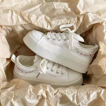 Летние тонкие дышащие парусиновые туфли на толстой подошве женские новые вышитые универсальные белые туфли повседневная обувь 35