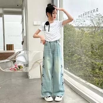 Летние тонкие джинсы для девочек с вышитым бантом по бокам, свободные прямые широкие брюки из денима для подростков, однотонные потертые брюки 170 синий