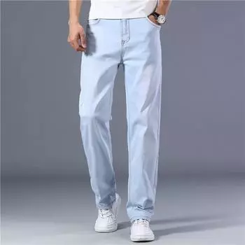 Летние тонкие джинсы для молодых мужчин, свободные прямые эластичные повседневные джинсы 29 серый