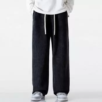 Летние тонкие джинсы мужские свободные прямые уличный стиль эластичная талия повседневные широкие брюки XXXL чёрный