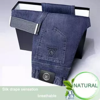 Летние тонкие джинсы высокого класса, мужские свободные повседневные супермягкие эластичные прямые брюки из двухцветной пряжи 29 синий