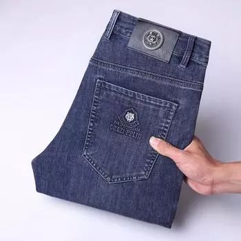 Летние тонкие джинсы высокого класса, мужские свободные повседневные супермягкие эластичные прямые брюки из двухцветной пряжи 29 темно-синий