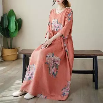 Летние тонкие хлопковые льняные платья с круглым вырезом и короткими рукавами, простое платье средней длины для женщин one size света кофе