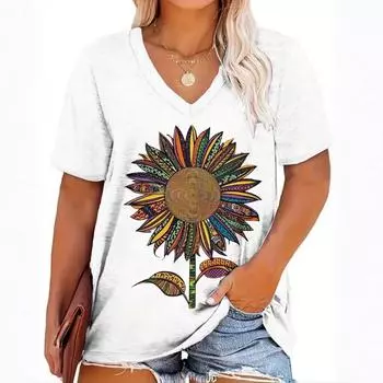 Летние тонкие креативные женские свободные повседневные футболки с короткими рукавами и V-образным вырезом с принтом подсолнухов для женщин S