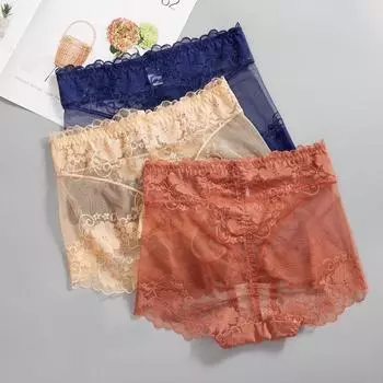 Летние тонкие кружевные трусики с высокой талией и цветами, сексуальные женские дышащие бесшовные трусы с контролем живота, большие размеры, трусы с подтяжкой ягодиц M чёрный
