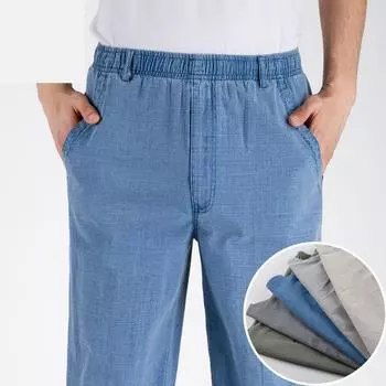 Летние тонкие мужские брюки среднего и пожилого возраста с высокой талией, эластичные свободные брюки из хлопка и льна XL бежевый