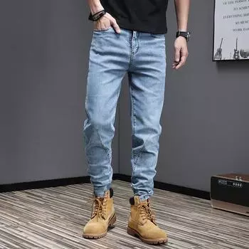 Летние тонкие мужские джинсы микро Харлан сто с трендом на резинке. Тонкие маленькие прямые мужские брюки повседневные. 28 синий