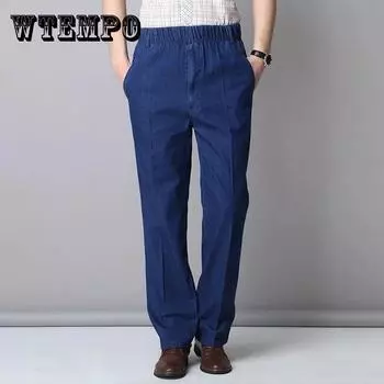 Летние тонкие мужские джинсы с растягивающейся талией для мужчин среднего и пожилого возраста, свободные повседневные хлопковые прямые джинсы с высокой талией