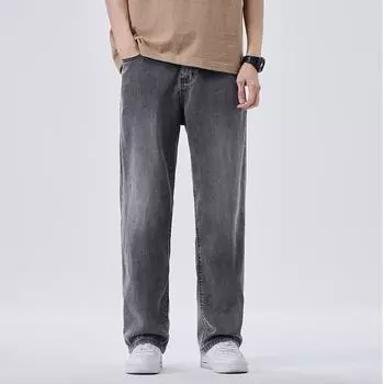 Летние тонкие мужские джинсы свободного прямого кроя с полуэластичной талией и пуговицами M