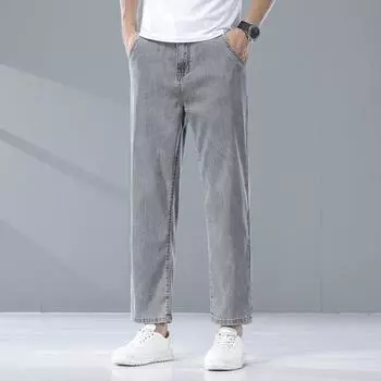 Летние тонкие мужские джинсы свободного прямого кроя с широкими штанинами большого размера из ледяного шелка 29