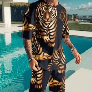 Летние тонкие мужские рубашки с круглым вырезом и короткими рукавами + шорты Flame Lion Face с 3d принтом, модная свободная футболка для отдыха, комплект спортивного костюма XL