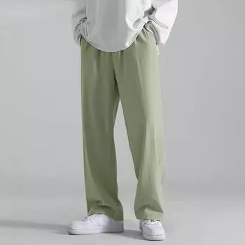 Летние тонкие мужские свободные длинные брюки однотонные уличные повседневные эластичные брюки макси размера плюс S зелёный