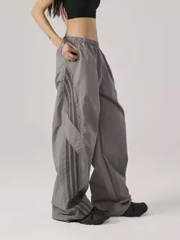 Летние тонкие полосатые повседневные брюки-десантники, женские свободные широкие брюки, прямые спортивные брюки в стиле хип-хоп, элегантные брюки в стиле Харадзюку, уличная одежда S чёрный