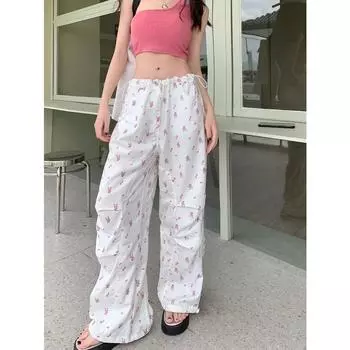 Летние тонкие прямые брюки-карго с цветочным принтом и рюшами, женские брюки-карго с парашютом, 2024, корейские большие размеры y2k, сказочный гранж S белый