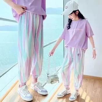 Летние тонкие свободные брюки для девочек, футболка с принтом, повседневный костюм