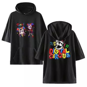 Летние тонкие толстовки для мужчин The Amazing Digital Circus Повседневная толстовка с капюшоном для пар Мужская уличная одежда Свободная толстовка с короткими рукавами в стиле хип-хоп XS чёрный