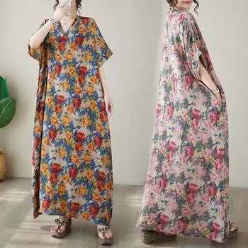 Летние тонкие V-образные вырезы из хлопка и льна, свободные платья в стиле ретро для отдыха на пляже M