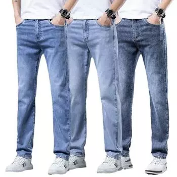 Летние тонкие выстиранные светлые джинсы для мужчин с эластичной талией, облегающие, прямые, повседневные, универсальные, утягивающие и длинные брюки 28