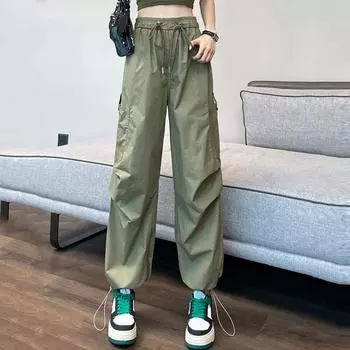 Летние тонкие женские брюки-карго Новая мода Быстросохнущая спецодежда Широкие повседневные спортивные брюки на шнурке с высокой талией Свободные карманы Брюки 517 S чёрный