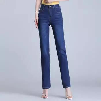 Летние тонкие женские джинсы с высокой талией, женские прямые свободные эластичные повседневные брюки 26 светло-синий