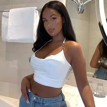 Летние топы без рукавов со шнуровкой и открытой спиной, женские повседневные майки с завязками на шее, облегающие женские майки, модный элегантный однотонный укороченный топ с открытым пупком 25772 S белый