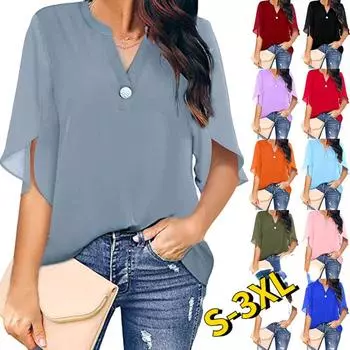 Летние топы больших размеров, модная одежда, женские повседневные топы с короткими рукавами, женские свободные топы с расклешенными рукавами, однотонная шифоновая блузка с v-образным вырезом S белый