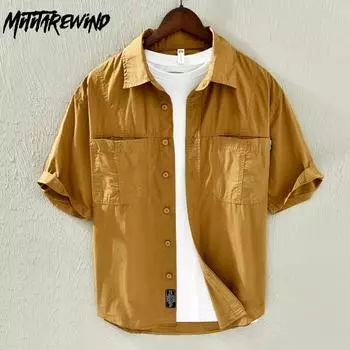 Летние топы для мужчин, молодежная популярная уличная одежда, свободная рубашка с воротником-лацканом, мягкие рубашки из чистого хлопка с двойными карманами, рубашки в японском стиле для мужчин M светло-зеленый