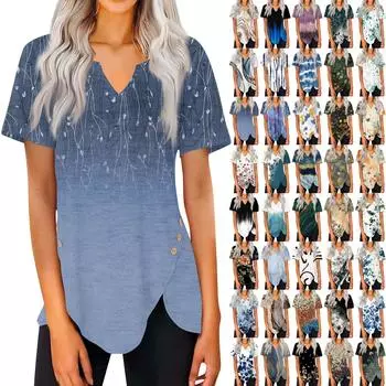 Летние топы для женщин 2024, модные для отпуска, с v-образным вырезом, рубашки с короткими рукавами и пуговицами в стиле бохо, повседневная свободная удобная туника, одежда L чёрный