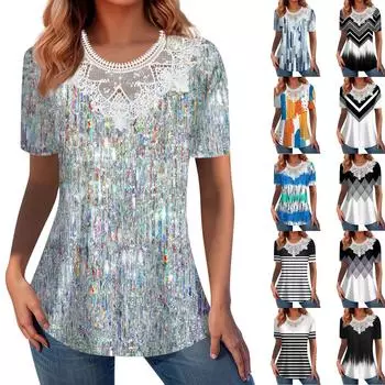 Летние топы для женщин 2024, модные рубашки с круглым вырезом и короткими рукавами для отпуска, повседневная свободная удобная туника, одежда L чёрный