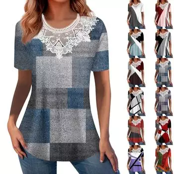 Летние топы для женщин 2024, модные рубашки с круглым вырезом и короткими рукавами для отпуска, повседневная свободная удобная туника, одежда L синий
