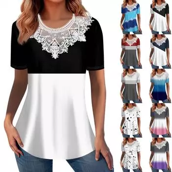 Летние топы для женщин 2024, модные рубашки с круглым вырезом и короткими рукавами для отпуска, повседневная свободная удобная туника, одежда L чёрный