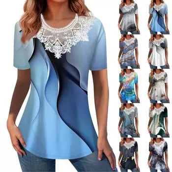 Летние топы для женщин 2024, модные рубашки с круглым вырезом и короткими рукавами для отпуска, повседневная свободная удобная туника, одежда L синий