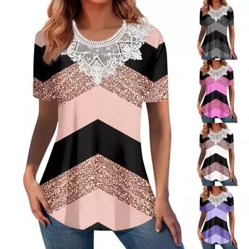 Летние топы для женщин 2024, модные рубашки с круглым вырезом и короткими рукавами для отпуска, повседневная свободная удобная туника, одежда L бежевый