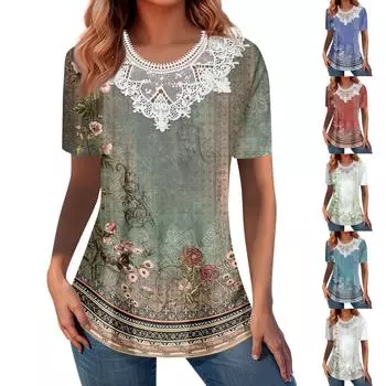 Летние топы для женщин 2024, модные рубашки с круглым вырезом и короткими рукавами для отпуска, повседневная свободная удобная туника, одежда L синий