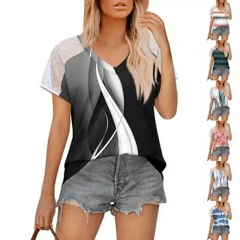 Летние топы для женщин, футболки с v-образным вырезом, рубашки с короткими рукавами в горошек, повседневные модные блузки L чёрный