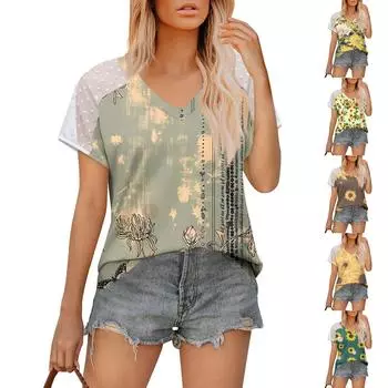 Летние топы для женщин, футболки с v-образным вырезом, рубашки с короткими рукавами в горошек, повседневные модные блузки L коричневый