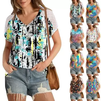 Летние топы для женщин, футболки с v-образным вырезом, рубашки с короткими рукавами в горошек, повседневные модные блузки L чёрный