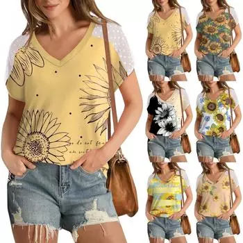 Летние топы для женщин, футболки с v-образным вырезом, рубашки с короткими рукавами в горошек, повседневные модные блузки L чёрный