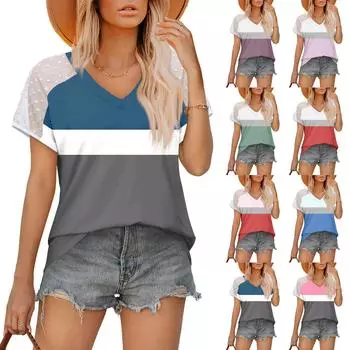 Летние топы для женщин, футболки с v-образным вырезом, рубашки с короткими рукавами в горошек, повседневные модные блузки L синий