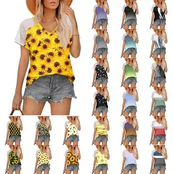 Летние топы для женщин, футболки с v-образным вырезом, рубашки с короткими рукавами в горошек, повседневные модные блузки L