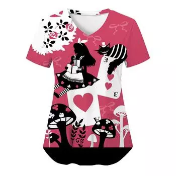 Летние топы для женщин-медсестер, униформа медсестры с принтом «Алиса», футболка с V-образным вырезом и карманом для работников сферы здравоохранения, рабочая одежда для клиник 2XL