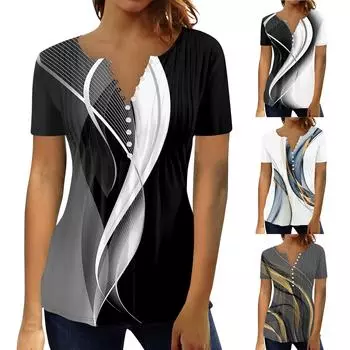 Летние топы для женщин, модные рубашки-туники с принтом в стиле бохо, футболка с короткими рукавами и пуговицами, V-образный вырез, повседневная свободная блузка L чёрный