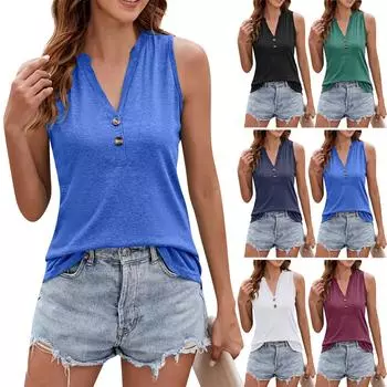 Летние топы для женщин. Модные женские свободные майки без рукавов с V-образным вырезом и пуговицами. XXL белый
