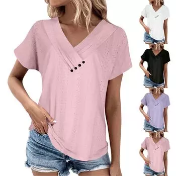Летние топы для женщин, однотонные женские топы с v-образным вырезом и короткими рукавами, удобные женские топы, футболки большого размера L чёрный