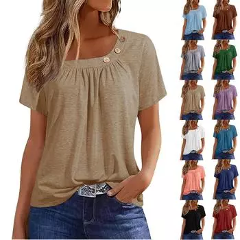 Летние топы для женщин, однотонные женские топы с круглым вырезом и короткими рукавами, удобные женские топы, футболки XL синий