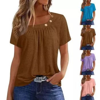 Летние топы для женщин, однотонные женские топы с круглым вырезом и короткими рукавами, удобные женские топы, футболки L синий